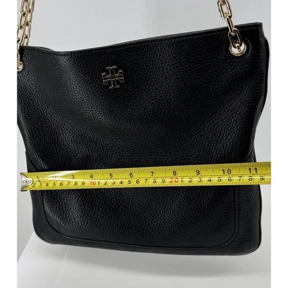Tory Burch Black Pebbled Leather Tote Gold Chain Strap Shoulder Bag Classic Chic - Picture 14 of 14